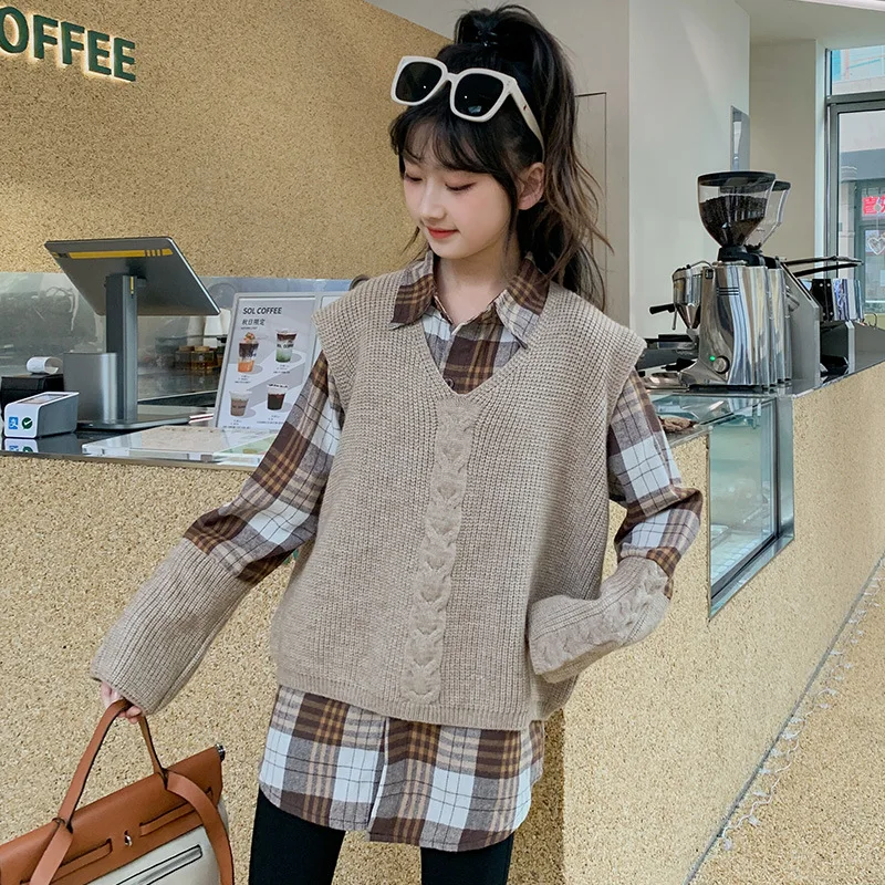 Korean Spring Autumn Girl Childen 2-Piece Sets Teenager Girl Plaid Long Sleeve Tops+V-neck Knitwears Vest Set For Girl 4-12Yrs
Korean Spring Autumn Girl Childen 2-Piece Sets Teenager Girl Plaid Long Sleeve Tops+V-neck Knitwears Vest Set For Girl 4-12Yrs