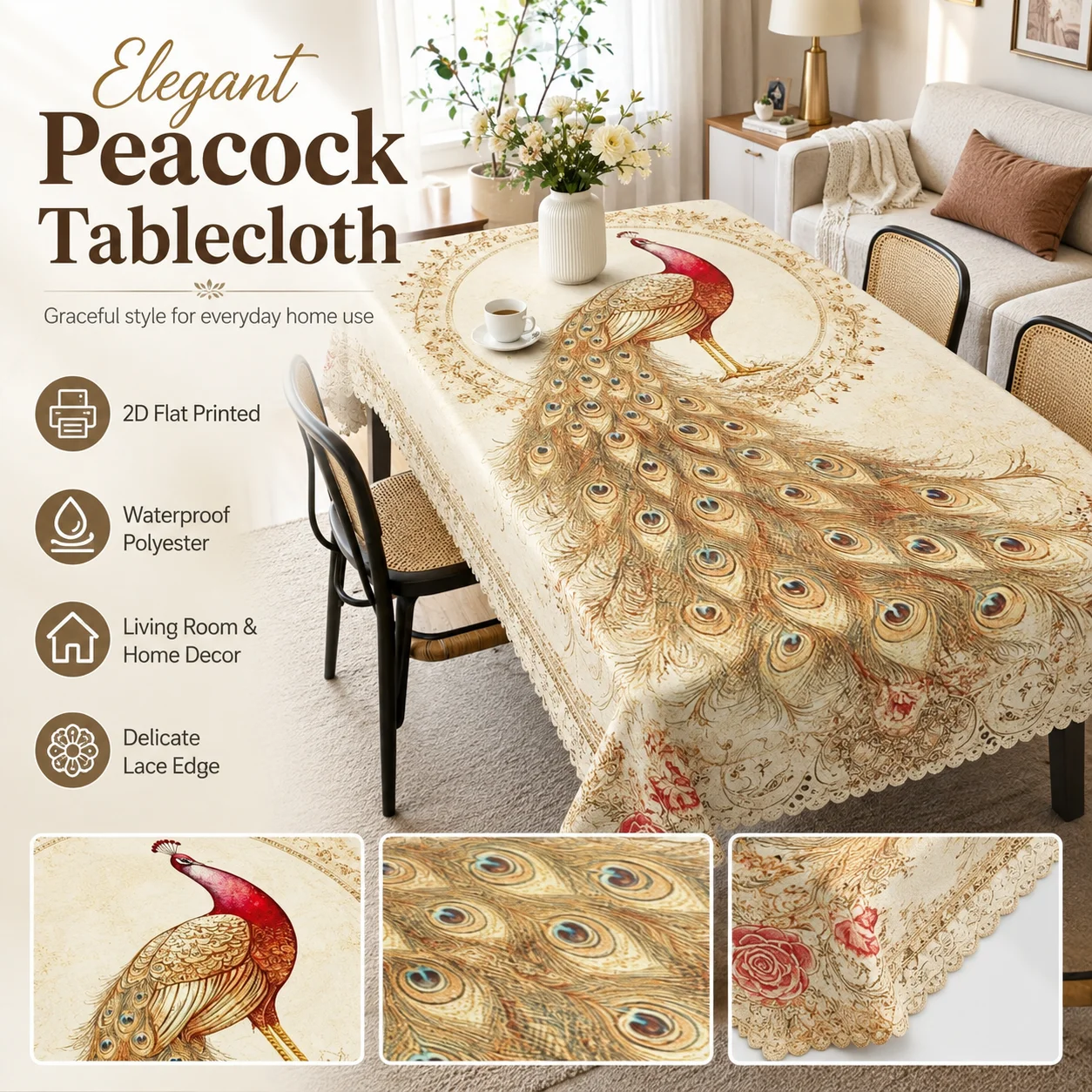 Elegant Vintage Peacock Waterproof Polyester Tablecloth 2D Flat Printed Lace Edge Table Cover For Living Room Home Dining Decor
Elegant Vintage Peacock Waterproof Polyester Tablecloth 2D Flat Printed Lace Edge Table Cover For Living Room Home Dining Decor