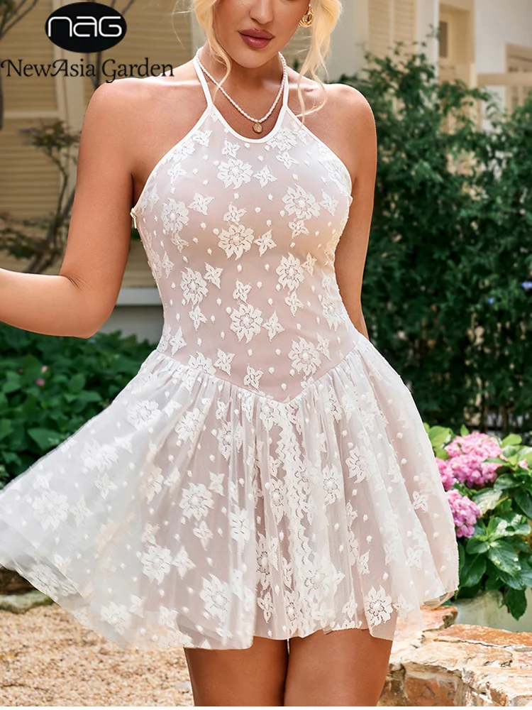 NewAsia Women's Halter Backless Lace Mesh Mini Dress Zipper A-line Double Layer Fashion Streetwear Party Short Dresses White
NewAsia Women's Halter Backless Lace Mesh Mini Dress Zipper A-line Double Layer Fashion Streetwear Party Short Dresses White