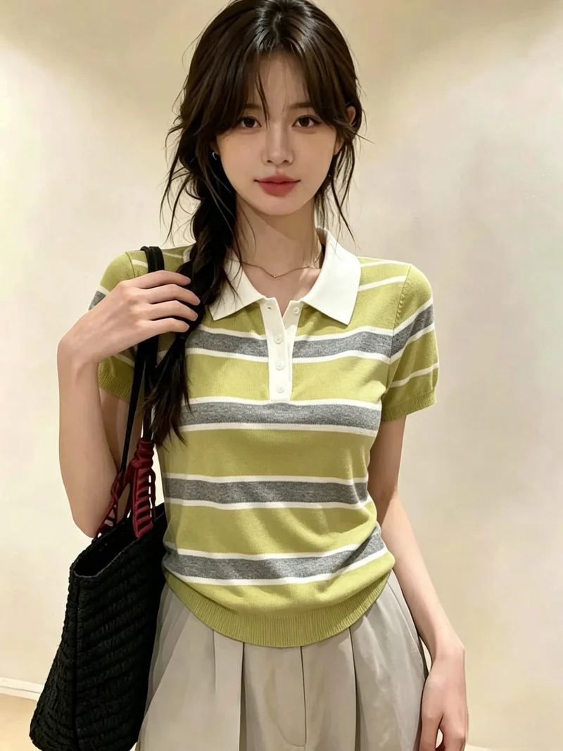 Slimming Knitted Neck Short Sleeve Women's Top Casual Summer New Style Self-Preserving Color Block Striped Korean Version
Slimming Knitted Neck Short Sleeve Women's Top Casual Summer New Style Self-Preserving Color Block Striped Korean Version