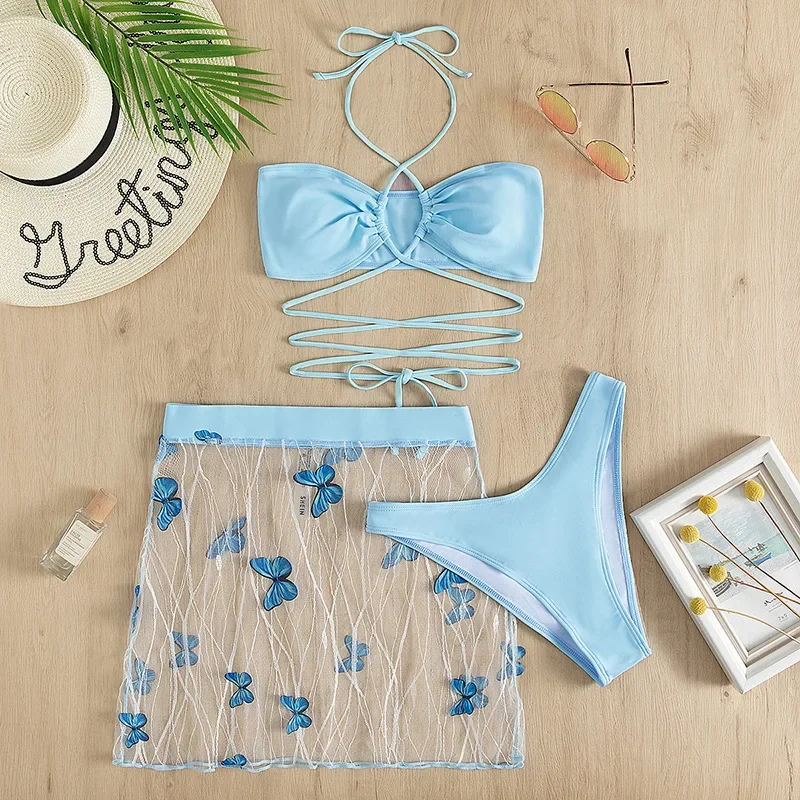 Blue 3 Piece Swimsuit Women 2025 Summer Butterfly Mesh Skirt Bikini Bandeau Cross Halter Lace-up Backless High Waist Swimwear
Blue 3 Piece Swimsuit Women 2025 Summer Butterfly Mesh Skirt Bikini Bandeau Cross Halter Lace-up Backless High Waist Swimwear