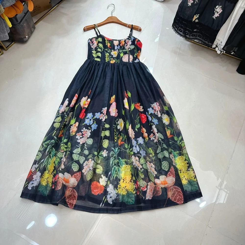 European and American French style niche elastic back zipper suspenders waist large swing printed mid-length dress-GZXX331
European and American French style niche elastic back zipper suspenders waist large swing printed mid-length dress-GZXX331