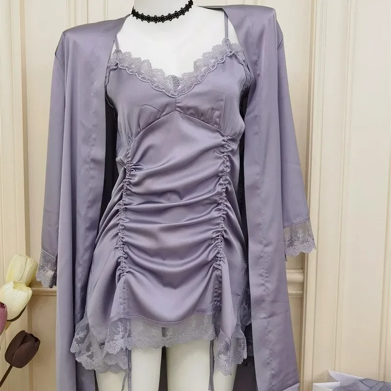 Purple Robe Set Sexy Vestidos De Novia Drawstring Spaghetti Strap Home Dressing Gown Satin Kimono Bathrobe Gown Loungewear
Purple Robe Set Sexy Vestidos De Novia Drawstring Spaghetti Strap Home Dressing Gown Satin Kimono Bathrobe Gown Loungewear