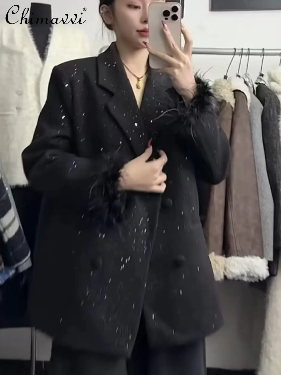 High-end Splicing Ostrich Fur Blazer Women Autumn and Winter New Korean Fashion Long-sleeved Elegant Loose Mid-length Suit Coat
High-end Splicing Ostrich Fur Blazer Women Autumn and Winter New Korean Fashion Long-sleeved Elegant Loose Mid-length Suit Coat