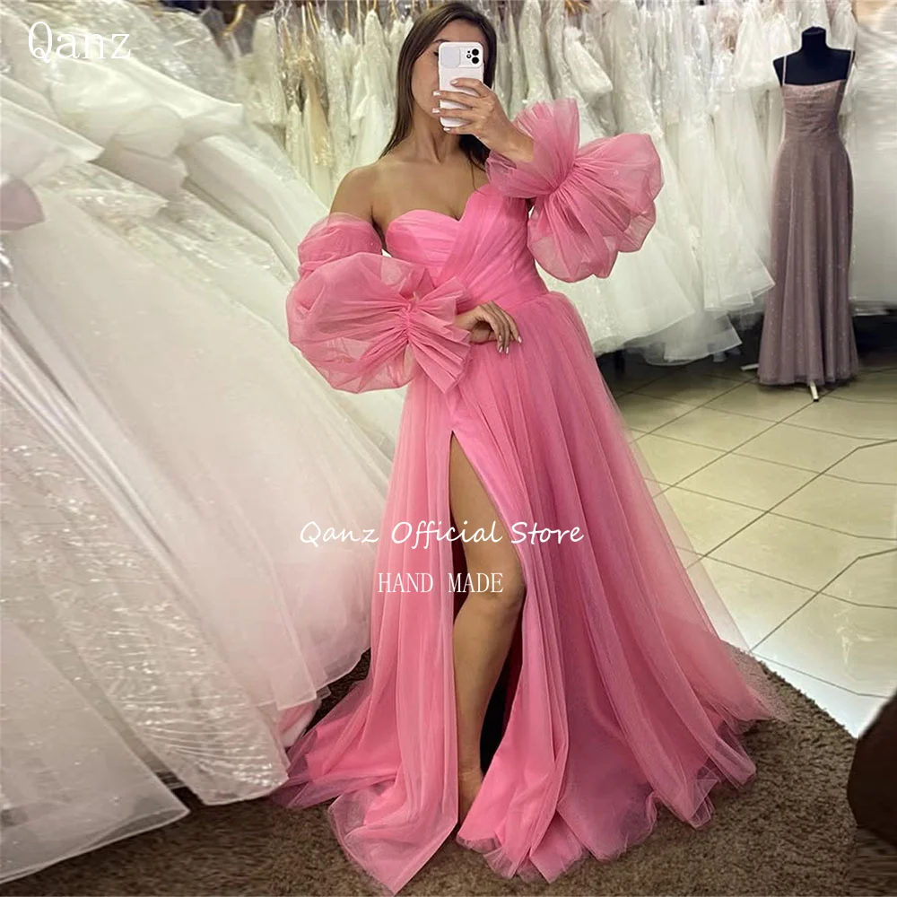 Qanz Tulle High Slit Evening Dresses Puff Sleeves Illusion Pink Wedding Guest Dress Women Vestidos Elegantes Feminino Customized
Qanz Tulle High Slit Evening Dresses Puff Sleeves Illusion Pink Wedding Guest Dress Women Vestidos Elegantes Feminino Customized
