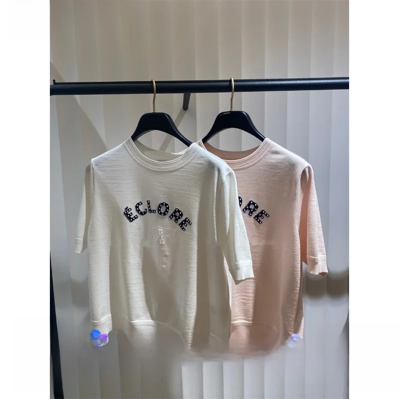 Korean Style MIN24 Spring Summer Embroidered Logo Beaded Cool Ice Linen Silk round Neck Knitted Sweater Women's Fashion
Korean Style MIN24 Spring Summer Embroidered Logo Beaded Cool Ice Linen Silk round Neck Knitted Sweater Women's Fashion