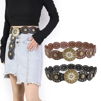 New design retro western cowboy belt personality round hollow metal wide belt for women