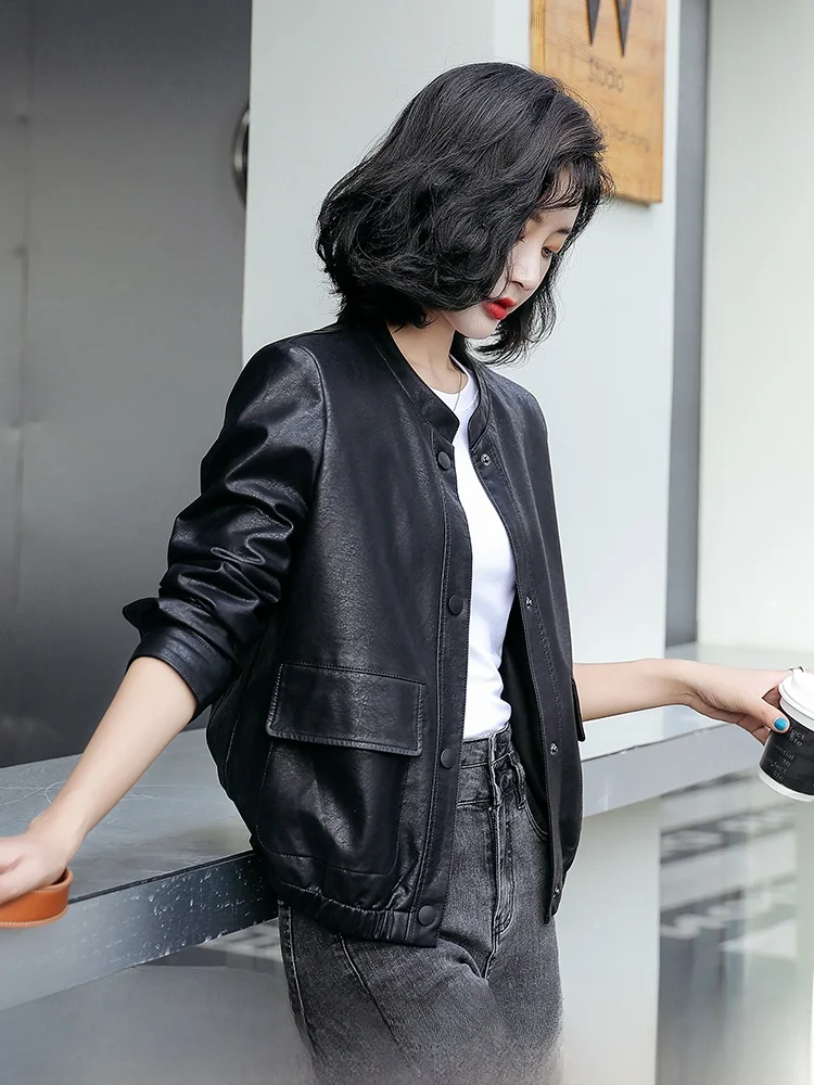 Spring Autumn Short Korean Style Sheepskin Leather Jacket Women's Slim Fit Fashion Stand Collar Coat Commute Wind Resistant
Spring Autumn Short Korean Style Sheepskin Leather Jacket Women's Slim Fit Fashion Stand Collar Coat Commute Wind Resistant