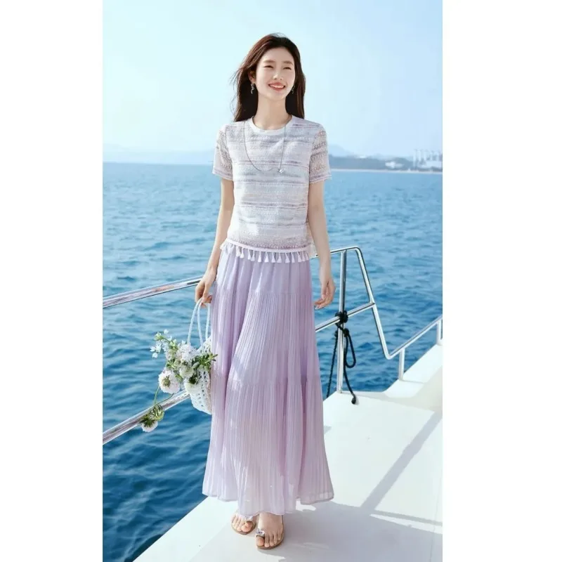 Women Striped Tassel Knit Top Pleated Chiffon Midi Skirt Two Piece Outfit
Women Striped Tassel Knit Top Pleated Chiffon Midi Skirt Two Piece Outfit
