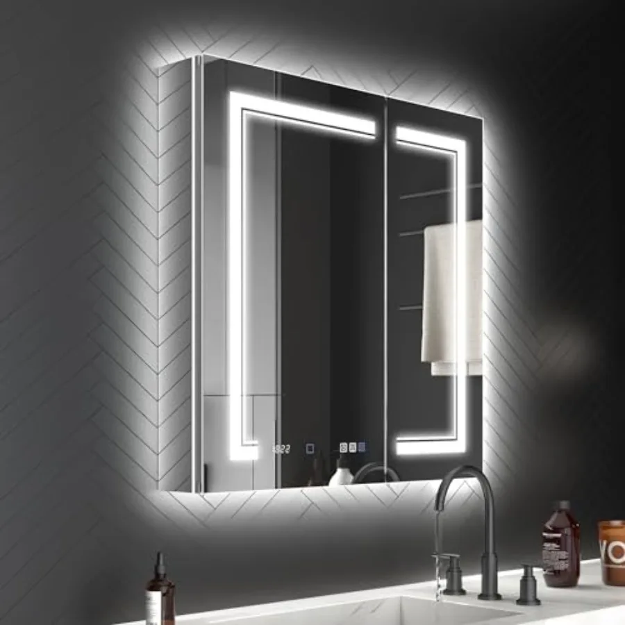 30 x 32 LED Lighted Medicine Cabinet with Mirror, Front and Backlit, Night Light, Clock and Temperature Display, Defog, 5X Magn
30 x 32 LED Lighted Medicine Cabinet with Mirror, Front and Backlit, Night Light, Clock and Temperature Display, Defog, 5X Magn