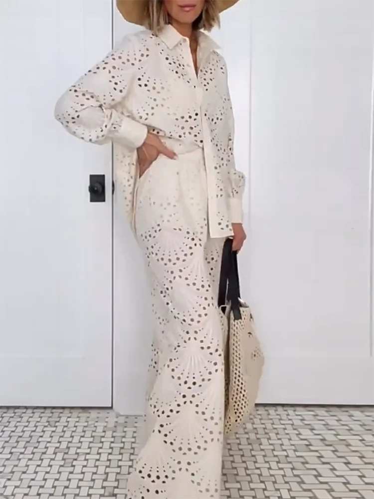 2025 Spring Summer Hollow Vacation Two Piece Women's Lapel Long Sleeve Shirt and Pants Beach Suit Casual Solid Straight Outfits
2025 Spring Summer Hollow Vacation Two Piece Women's Lapel Long Sleeve Shirt and Pants Beach Suit Casual Solid Straight Outfits