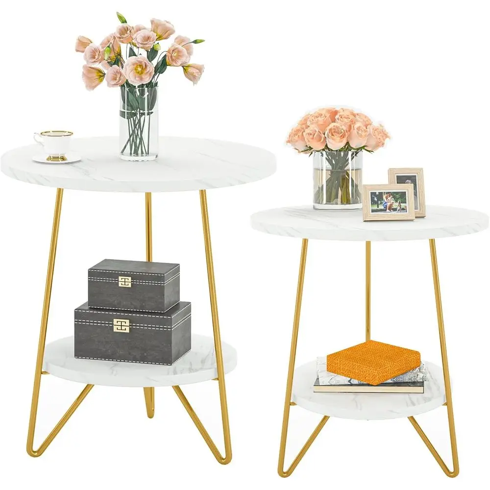 2-Tier Round Side Table Set with Shelves, White and Gold Accent Tables for Living Room or Bedroom
2-Tier Round Side Table Set with Shelves, White and Gold Accent Tables for Living Room or Bedroom