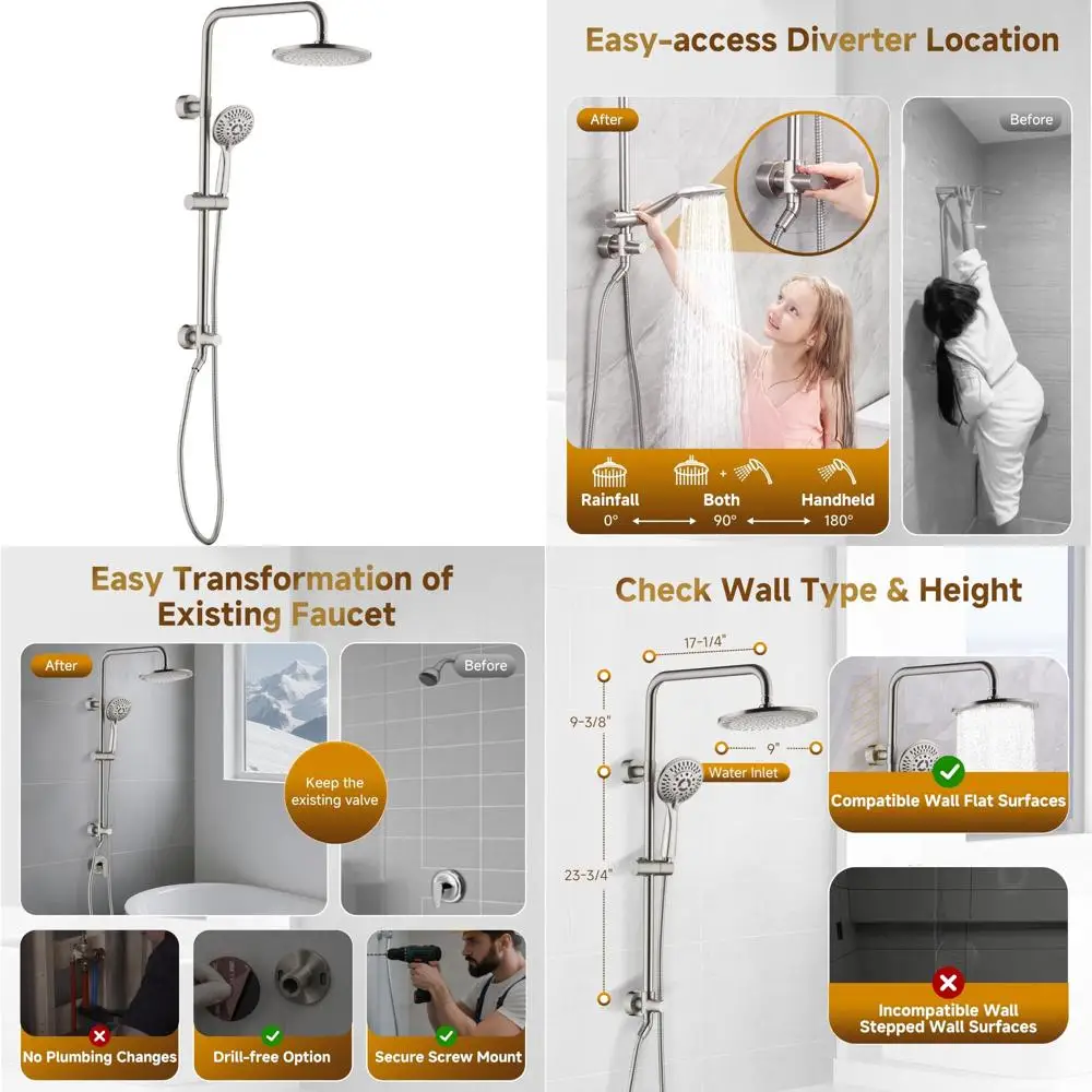 Регулируемая по высоте 60-дюймовая душевая система из цельной латуни с 9-дюймовой дождевой насадкой и ручным распылителем 
Регулируемая по высоте 60-дюймовая душевая система из цельной латуни с 9-дюймовой дождевой насадкой и ручным распылителем