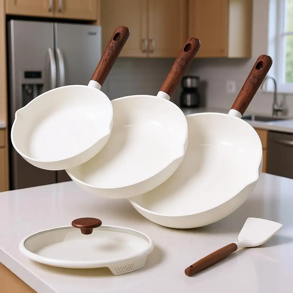 5-Piece Non-Stick Frying Pan Set with Color Lid and Spatula, Cream White
5-Piece Non-Stick Frying Pan Set with Color Lid and Spatula, Cream White