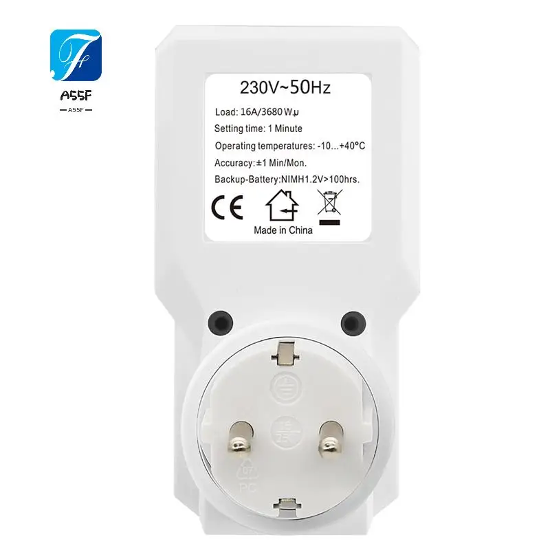 A55F-цифровой таймер, программируемая электронная розетка с таймером, устройство, контроль времени, обратный отсчет с таймером, вилка европейского стандарта
A55F-цифровой таймер, программируемая электронная розетка с таймером, устройство, контроль времени, обратный отсчет с таймером, вилка европейского стандарта
