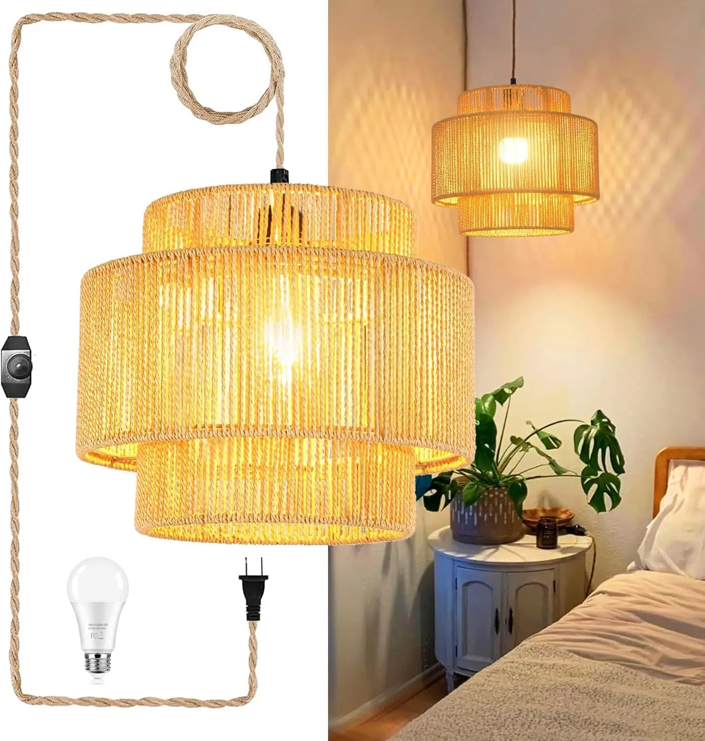 Plug in Pendant Light Dimmable Boho Rattan Woven Bamboo Lamp Shade for Living Room Bedroom Kitchen
Plug in Pendant Light Dimmable Boho Rattan Woven Bamboo Lamp Shade for Living Room Bedroom Kitchen