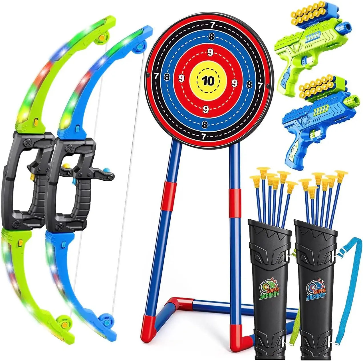 2 Pack Bow and Arrow Toy Indoor Outdoor Shooting Game Toy LED Light Up Archery Set with 12 Suction Cup Arrows
2 Pack Bow and Arrow Toy Indoor Outdoor Shooting Game Toy LED Light Up Archery Set with 12 Suction Cup Arrows