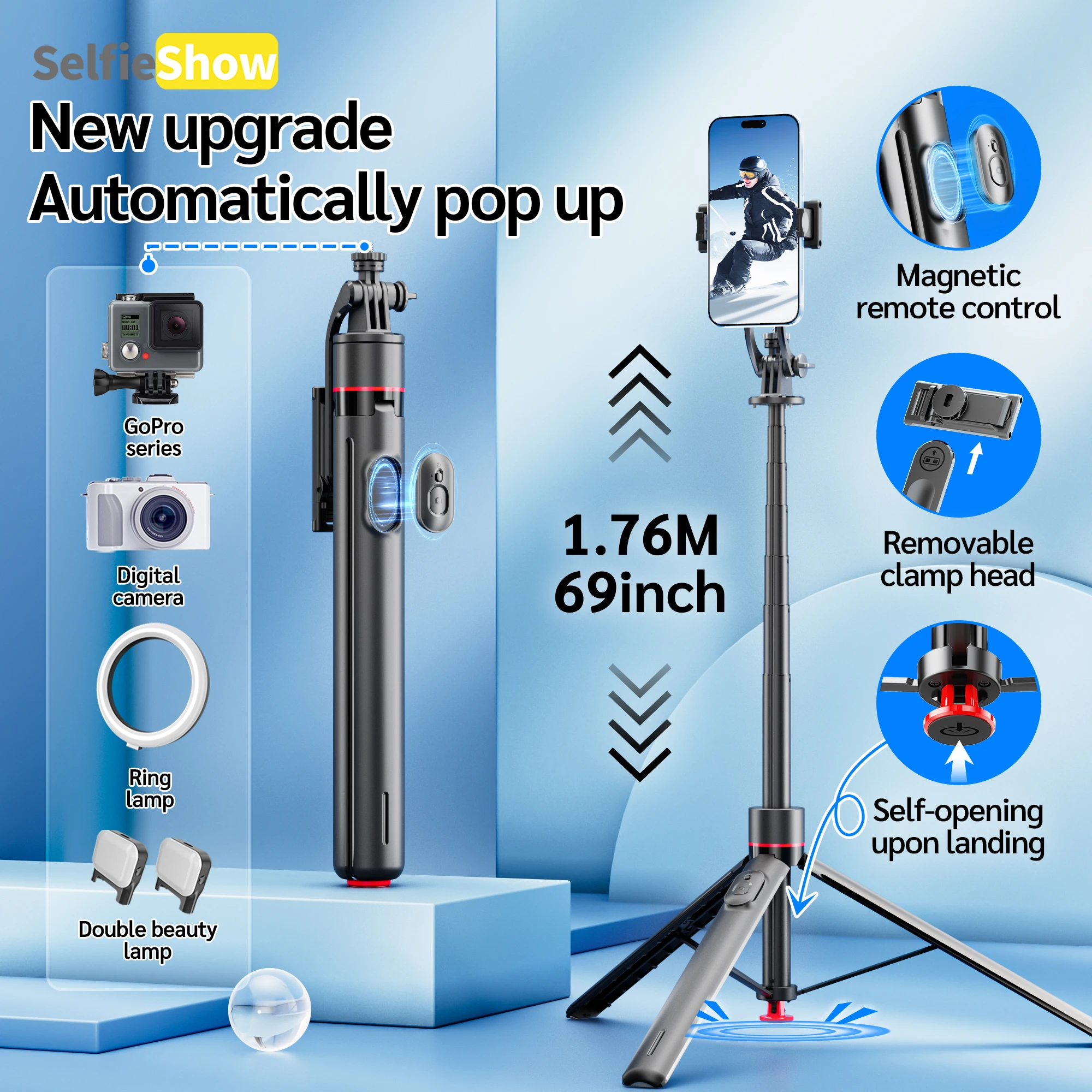 Selfieshow TT03 Auto Pop Open Tripod 1.76M Pole Selfie Stick Shoot with Magnetic Remote 1/4'' Screw Phone Holder for Vlog/Video
Selfieshow TT03 Auto Pop Open Tripod 1.76M Pole Selfie Stick Shoot with Magnetic Remote 1/4'' Screw Phone Holder for Vlog/Video