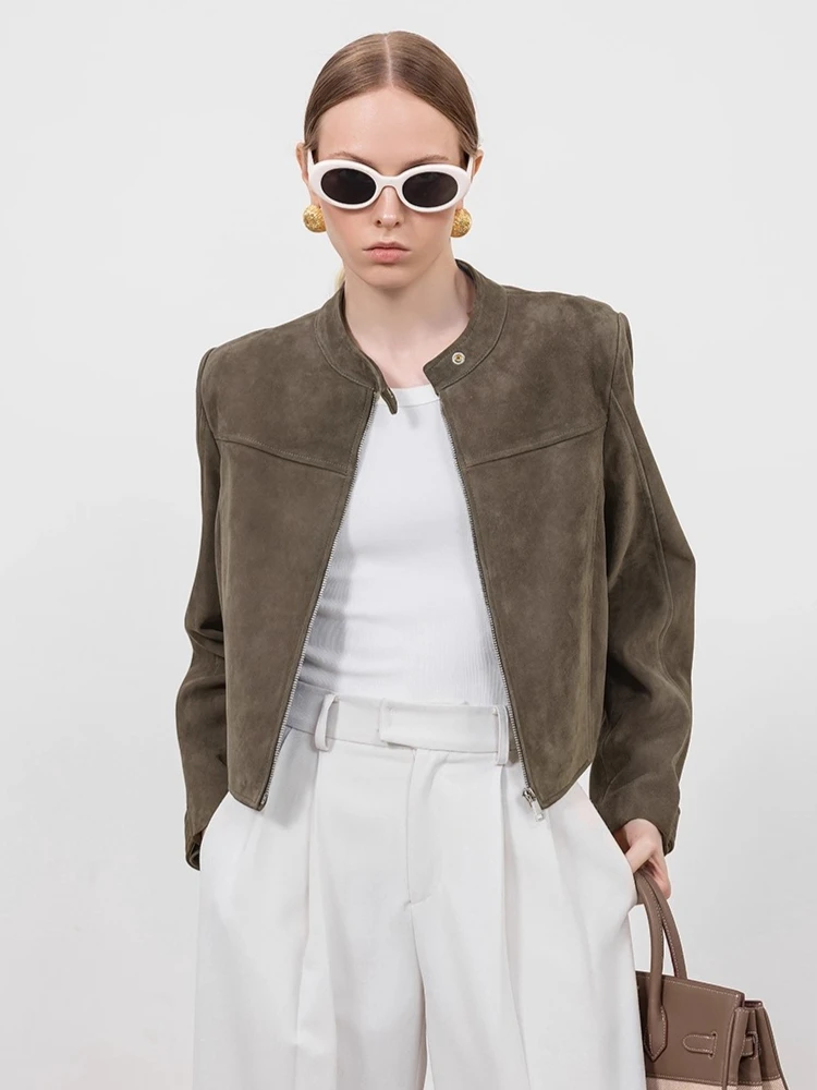 Vintage Cropped Genuine Leather Suede Jacket for Women Spring Autumn Simple Classic Stand Collar Slim Real Goatskin Leather Coat
Vintage Cropped Genuine Leather Suede Jacket for Women Spring Autumn Simple Classic Stand Collar Slim Real Goatskin Leather Coat