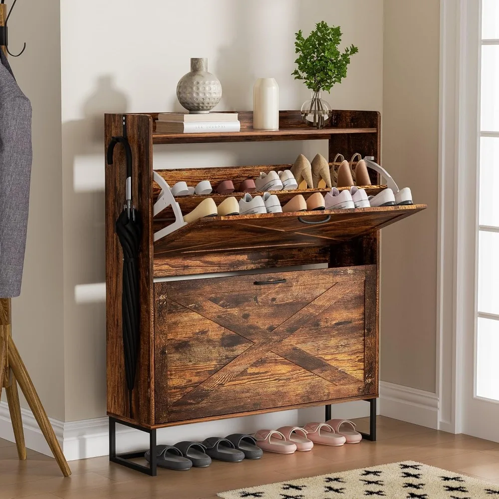 Freestanding Shoe Cabinet with Flip Drawers and Hooks, Rustic Brown Organizer for Entryway or Living Room
Freestanding Shoe Cabinet with Flip Drawers and Hooks, Rustic Brown Organizer for Entryway or Living Room