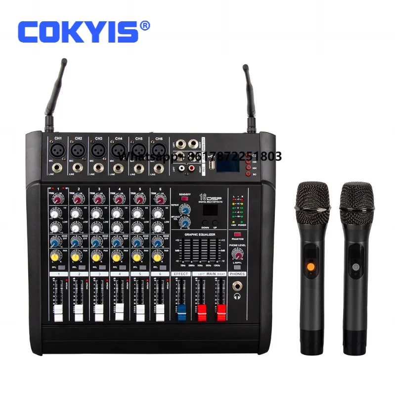 Professional 6 Channel Sound Mixer Built-in Amp with Dual Wireless Mics, Karaoke Stage Studio DJ Controller/Audio Console Mixer
Professional 6 Channel Sound Mixer Built-in Amp with Dual Wireless Mics, Karaoke Stage Studio DJ Controller/Audio Console Mixer