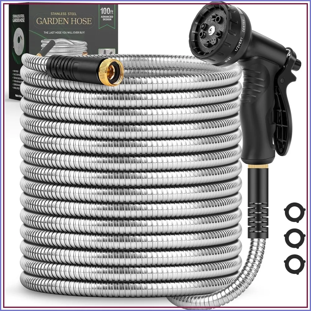 100FT Stainless Steel Garden Hose, No Kink Flexible Heavy Duty with 10 Function Nozzle, Lightweight Puncture Proof for Yard
100FT Stainless Steel Garden Hose, No Kink Flexible Heavy Duty with 10 Function Nozzle, Lightweight Puncture Proof for Yard