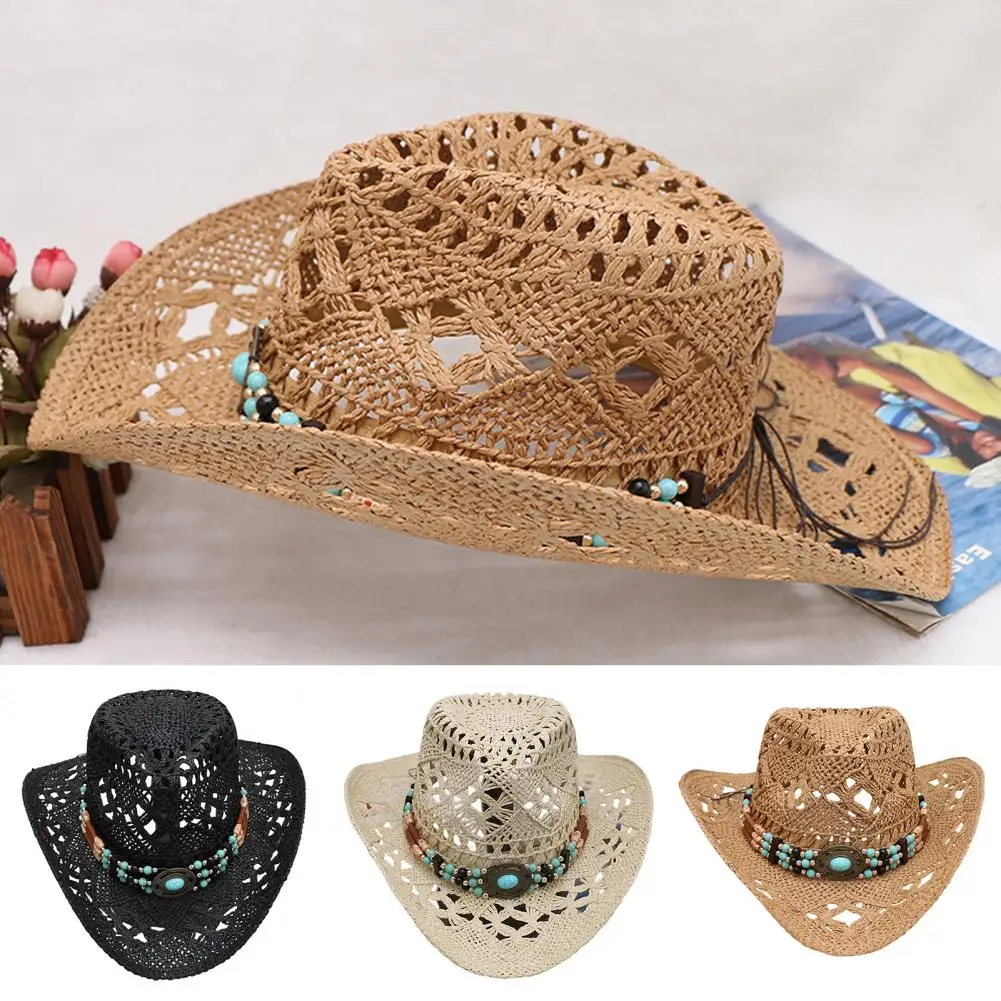 Men's Women's Straw Cowboy Hat Unisex Sun Hat with Decorative Bands Hollow Breathable Design Ultralight Cowgirl Woven Sun Hat
Men's Women's Straw Cowboy Hat Unisex Sun Hat with Decorative Bands Hollow Breathable Design Ultralight Cowgirl Woven Sun Hat