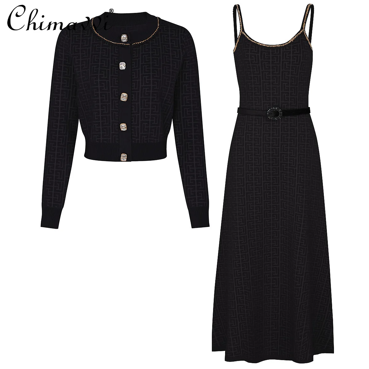 Autumn New High-End Fashion Women Knitted Dress Set Long Sleeve Single-Breasted Cardigan Coat Suspender Dress Two-Piece Set 
Autumn New High-End Fashion Women Knitted Dress Set Long Sleeve Single-Breasted Cardigan Coat Suspender Dress Two-Piece Set