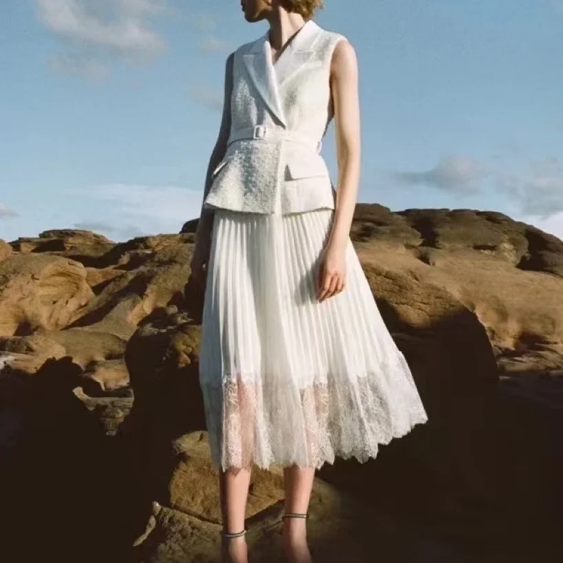 Women Sleeveless White Lace Fake two-piece patchwork dress fashion Midi Pleated Dress white dress
Women Sleeveless White Lace Fake two-piece patchwork dress fashion Midi Pleated Dress white dress