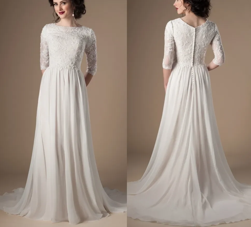 Customize Ivory Champagne A-line Modest Wedding Dresses With 3/4 Sleeves Beaded Lace Chiffon Boho Informal Bridal
Customize Ivory Champagne A-line Modest Wedding Dresses With 3/4 Sleeves Beaded Lace Chiffon Boho Informal Bridal