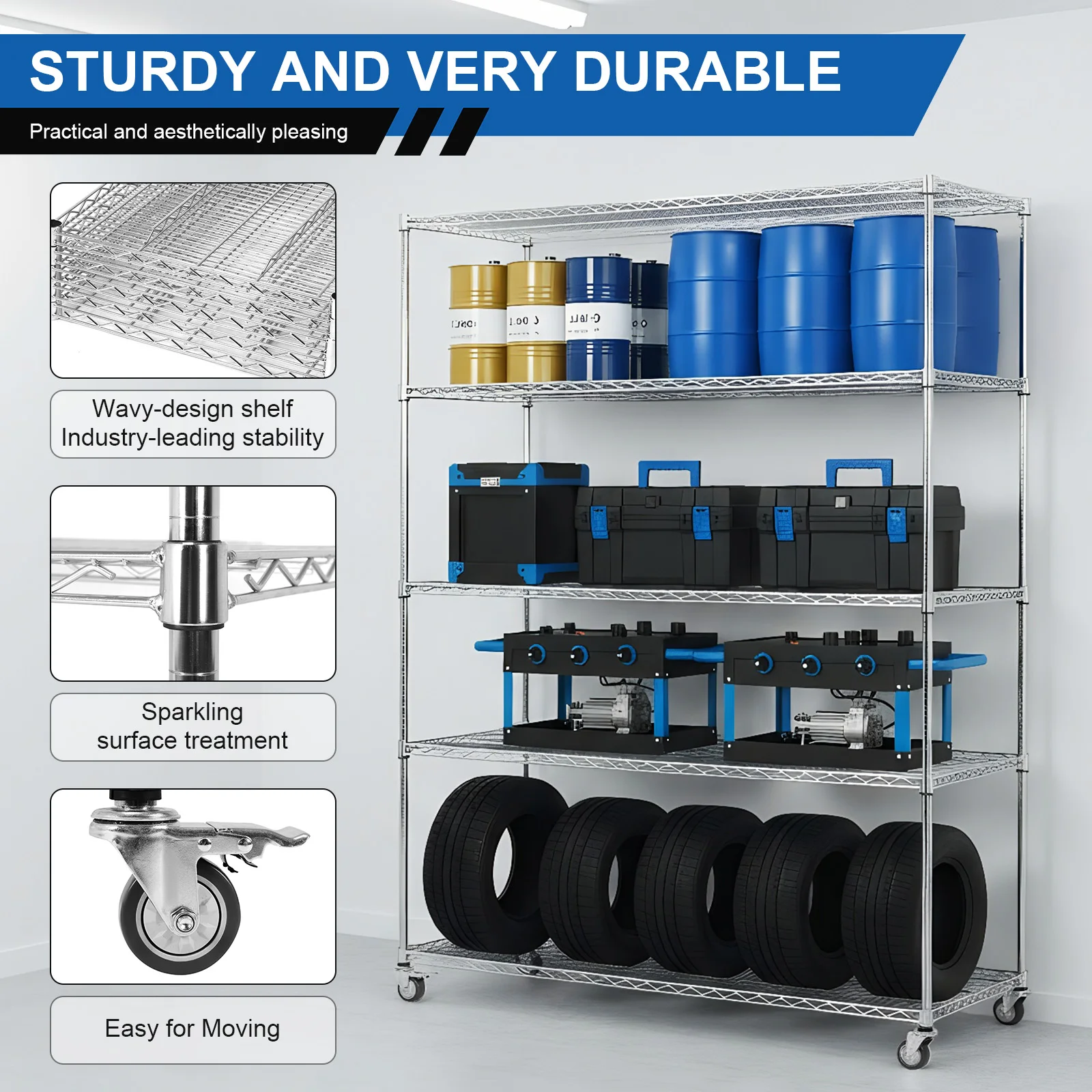 5 Tier 7500lbs Capacity Metal Shelf Wire Rack with Wheels & Shelf Liner Garage Shelving for Pantry Garage Commercial Industrials
5 Tier 7500lbs Capacity Metal Shelf Wire Rack with Wheels & Shelf Liner Garage Shelving for Pantry Garage Commercial Industrials