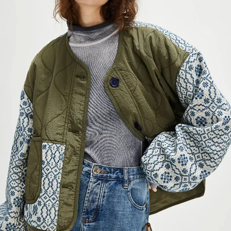 Fashionable Round Neck Print Patchwork Cotton Jacket Casual Pocket Single Breasted Top Cardigan Autumn Winter Warm Women Outwear
Fashionable Round Neck Print Patchwork Cotton Jacket Casual Pocket Single Breasted Top Cardigan Autumn Winter Warm Women Outwear