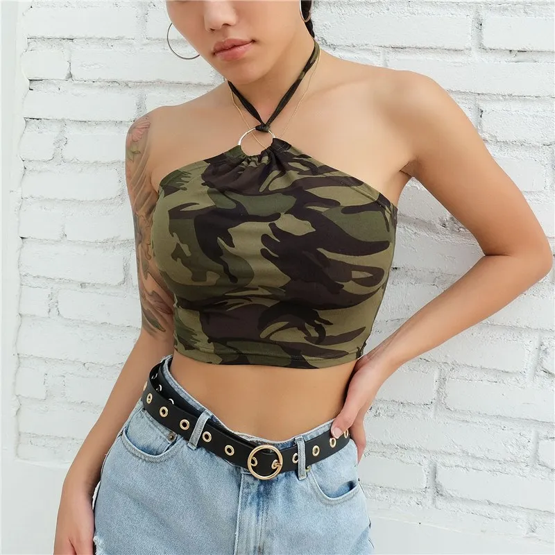 Summer Sexy Camouflage Crop Vest Tops Women's Sleeveless Tank Top H-Shape Backless Silk Material Fashion Element Patchwork
Summer Sexy Camouflage Crop Vest Tops Women's Sleeveless Tank Top H-Shape Backless Silk Material Fashion Element Patchwork