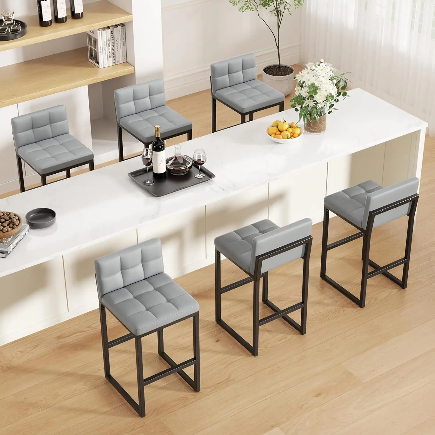 6-Piece Modern Bar Stools Set, Light Grey Faux Leather, Low Back & Footrest, Thick Metal Legs
6-Piece Modern Bar Stools Set, Light Grey Faux Leather, Low Back & Footrest, Thick Metal Legs