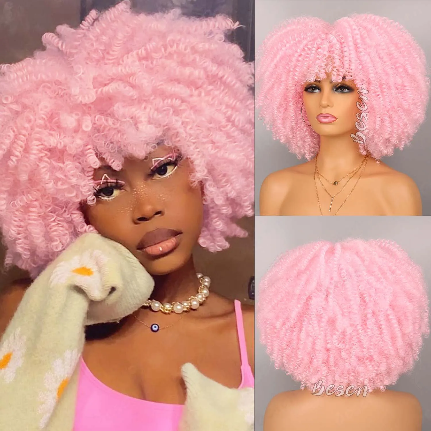 Synthetic Afro Curly Wig with Bangs Afro Wig for Black Women Full and Fluffy Short Kinky Curly Wigs for Daily Party Cosplay Wear
Synthetic Afro Curly Wig with Bangs Afro Wig for Black Women Full and Fluffy Short Kinky Curly Wigs for Daily Party Cosplay Wear