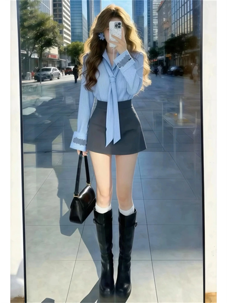 Elegant Striped plus Size Women's Shirt And High Waist Skirt Set Fashionable Commuter Style Sunscreen Long Sleeve Casual Wear
Elegant Striped plus Size Women's Shirt And High Waist Skirt Set Fashionable Commuter Style Sunscreen Long Sleeve Casual Wear