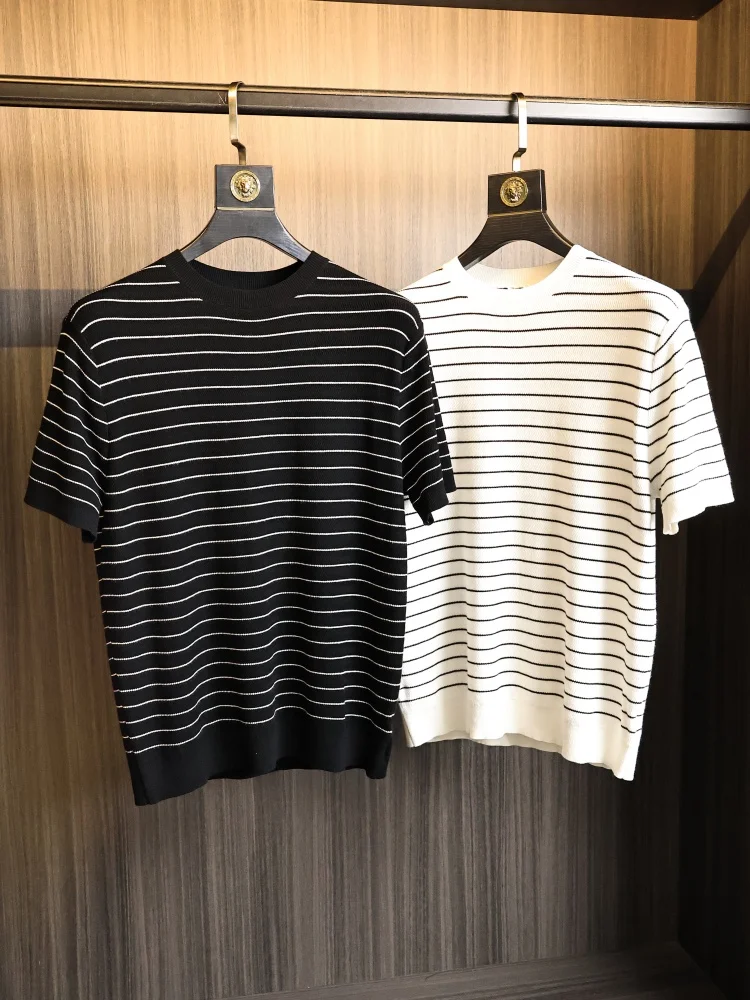 Summer Men's Soft Knitted Fashion round Neck Short Sleeve T-Shirt Color Block Stripe Design Breathable Comfortable Casual Top
Summer Men's Soft Knitted Fashion round Neck Short Sleeve T-Shirt Color Block Stripe Design Breathable Comfortable Casual Top