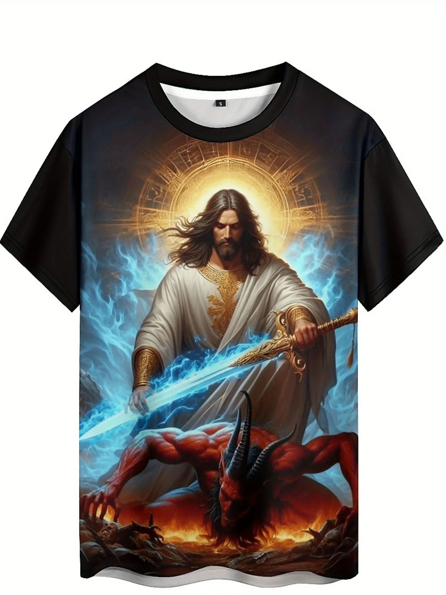 Jesus vs. Devil 3D Graphic T-Shirt - Bold Religious Battle Print, 100% Polyester, Loose Fit Short Sleeve Tee for Men & Teens
Jesus vs. Devil 3D Graphic T-Shirt - Bold Religious Battle Print, 100% Polyester, Loose Fit Short Sleeve Tee for Men & Teens