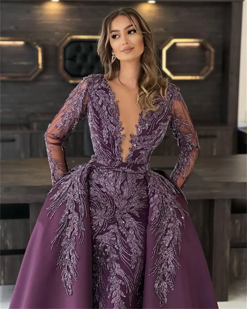 Purple Sheer Neck Jewel Lace Evening Dress Appliques Prom Gowns with Overskirts Party Dresses Customized
Purple Sheer Neck Jewel Lace Evening Dress Appliques Prom Gowns with Overskirts Party Dresses Customized