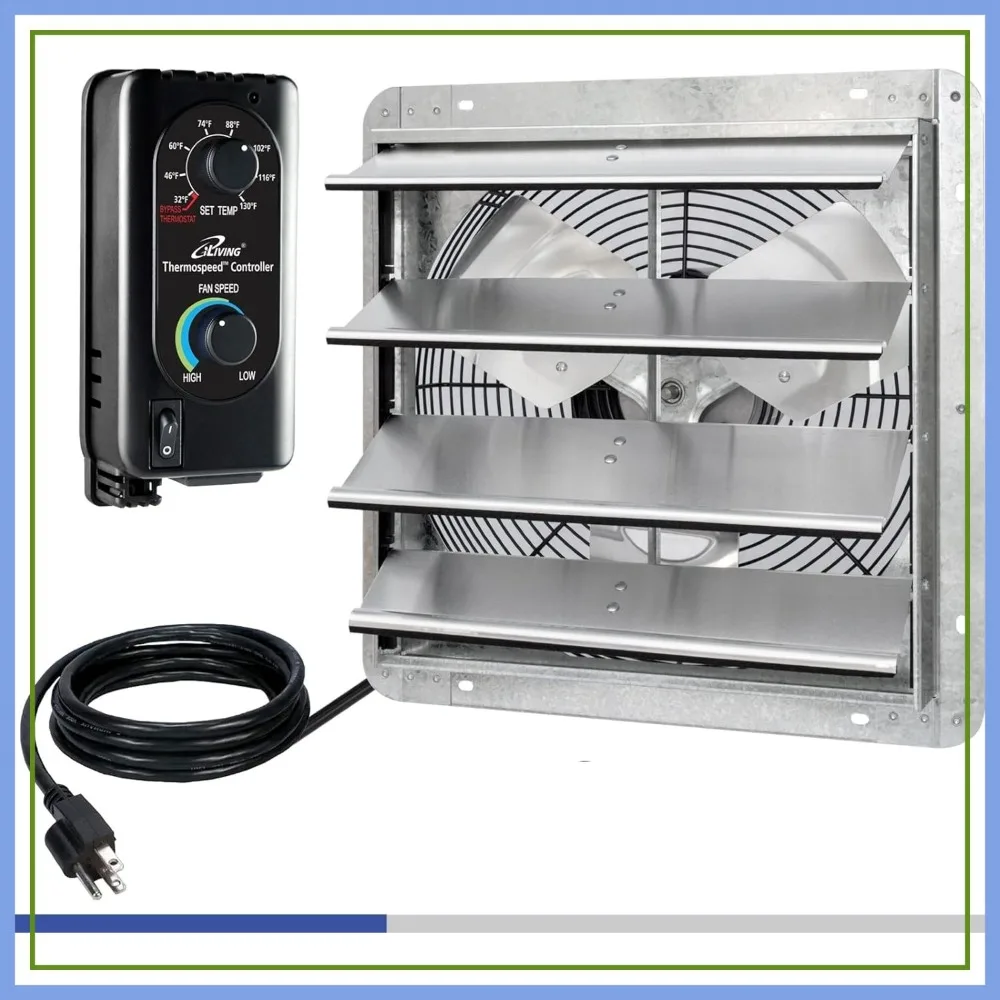 16" Wall Mounted Shutter Exhaust Fan, Automatic Shutter, Thermostat & Variable Speed, 1200 CFM, 1800 SQF Coverage
16" Wall Mounted Shutter Exhaust Fan, Automatic Shutter, Thermostat & Variable Speed, 1200 CFM, 1800 SQF Coverage