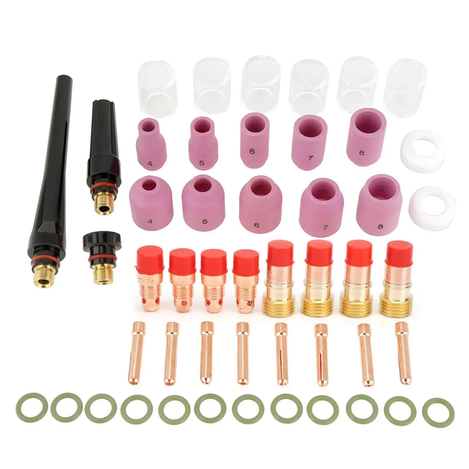 Комплект аксессуаров для сварочной горелки, 49 шт., газовые линзы, насадки из глинозема, чашки, цанги для сварки
Комплект аксессуаров для сварочной горелки, 49 шт., газовые линзы, насадки из глинозема, чашки, цанги для сварки