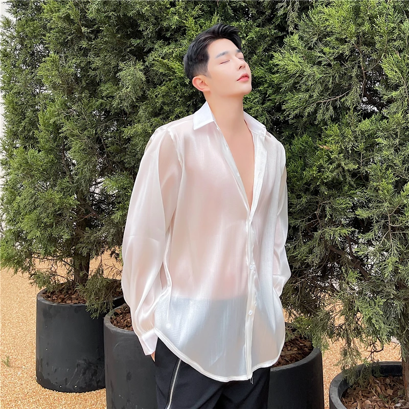 Senior Sexy Sheer Men Silk Blouse Summer Sun Protection Tops Night Club Shirts Beach Holiday Seaside Blouse Thin Quick Dry Shirt
Senior Sexy Sheer Men Silk Blouse Summer Sun Protection Tops Night Club Shirts Beach Holiday Seaside Blouse Thin Quick Dry Shirt
