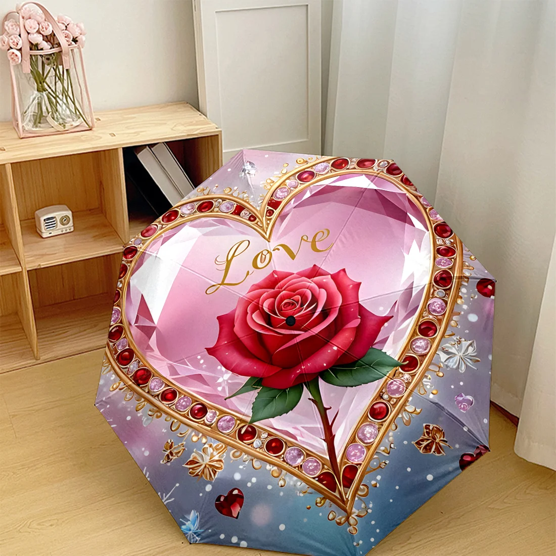 1pc Love Heart Diamond Rose Patterned Automatic Umbrella, Foldable, 8pcs, Iron Frame, Plastic Handle, Automatic Folding with C
1pc Love Heart Diamond Rose Patterned Automatic Umbrella, Foldable, 8pcs, Iron Frame, Plastic Handle, Automatic Folding with C