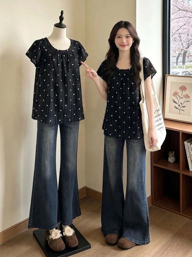 Thin Cotton Linen Polka Dot Shoulder Short Sleeve Doll Shirt Women Summer New Large Size Fat MM Fairy Sleeve Babydoll Top
Thin Cotton Linen Polka Dot Shoulder Short Sleeve Doll Shirt Women Summer New Large Size Fat MM Fairy Sleeve Babydoll Top