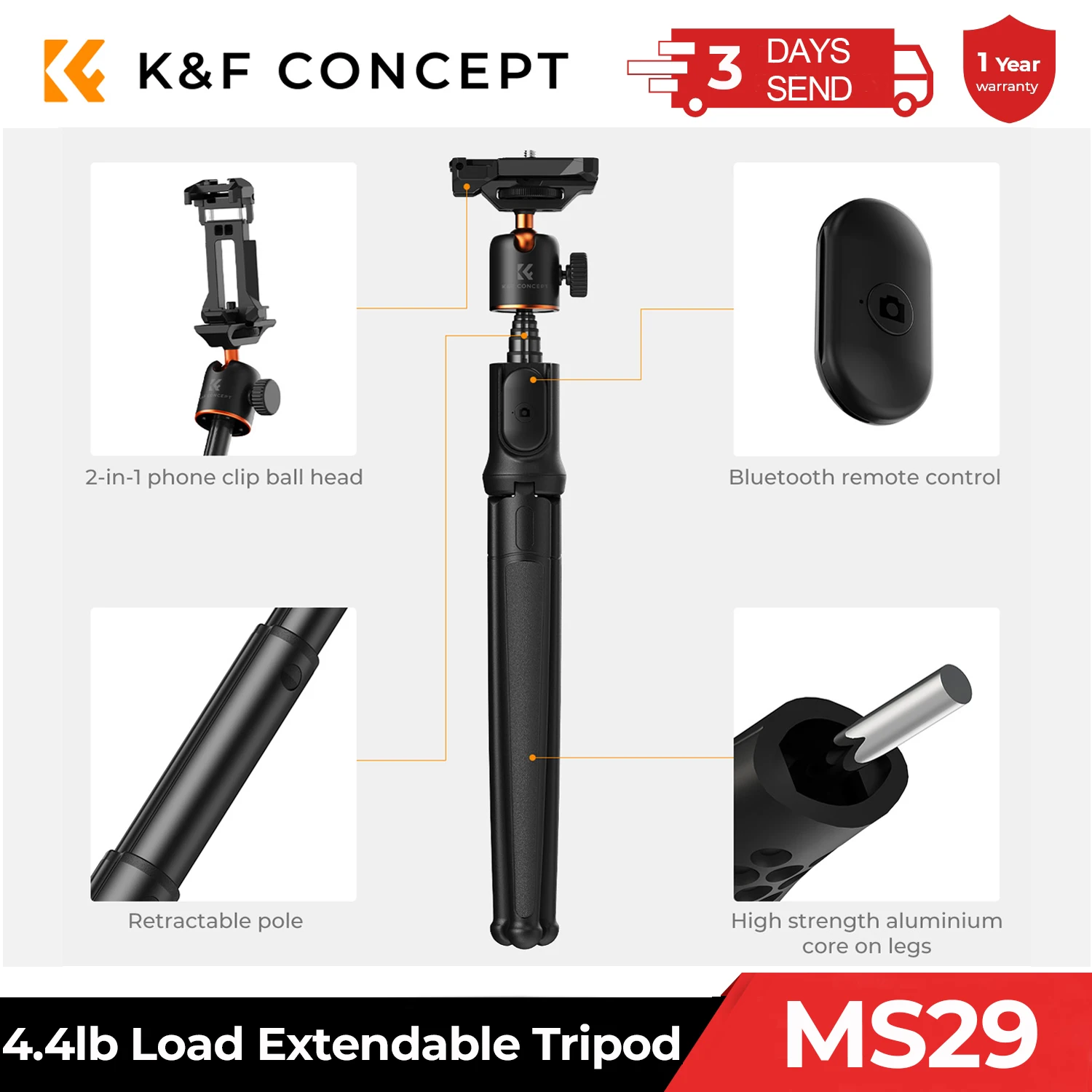 K&F Concept Flexible Mobile Phone Tripod for Smartphone Camera Retractable Selfie Stick Mini Tripod Holder Remote Control MS29
K&F Concept Flexible Mobile Phone Tripod for Smartphone Camera Retractable Selfie Stick Mini Tripod Holder Remote Control MS29