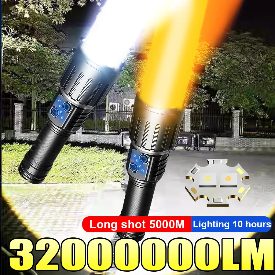 32000000LM Ultra Bright LED Flashlight Dual Color White/Yellow Light 5000M Long Range 10H Runtime USB Rechargeable Waterproof To
32000000LM Ultra Bright LED Flashlight Dual Color White/Yellow Light 5000M Long Range 10H Runtime USB Rechargeable Waterproof To