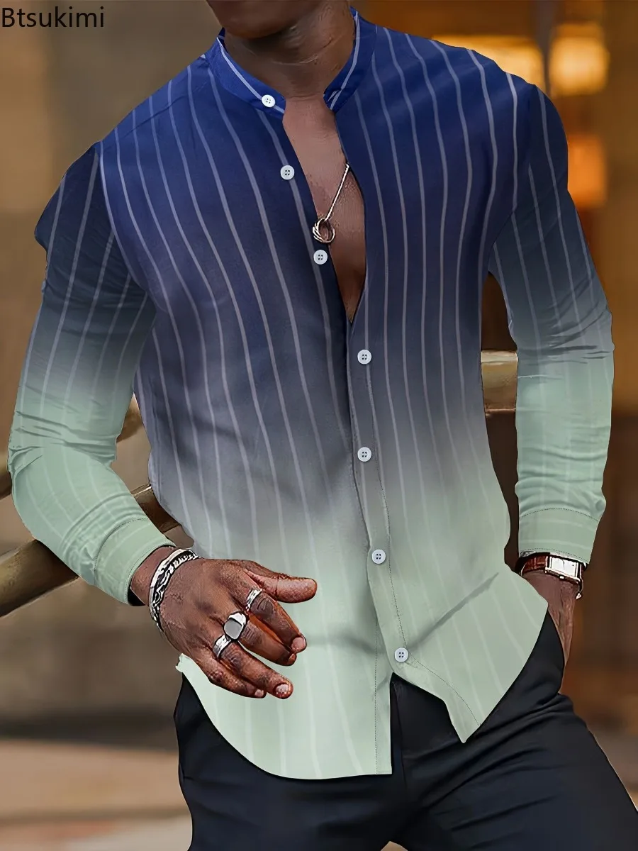 2025 Men's Casual Shirt Gradual Striped Design Man Long Sleeve Stand Collar Shirt Comfortable Fashion Spring Autumn Men Clothing
2025 Men's Casual Shirt Gradual Striped Design Man Long Sleeve Stand Collar Shirt Comfortable Fashion Spring Autumn Men Clothing