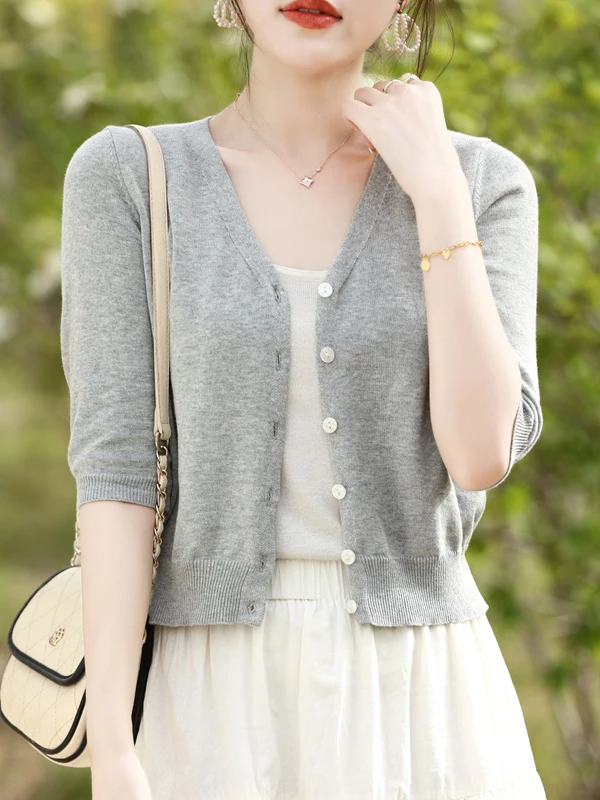 Slimming V-Neck Pure Cotton 3/4 Sleeve Open Cardigan Women's Summer Thin Loose Knitted High Waist Fashionable Top
Slimming V-Neck Pure Cotton 3/4 Sleeve Open Cardigan Women's Summer Thin Loose Knitted High Waist Fashionable Top