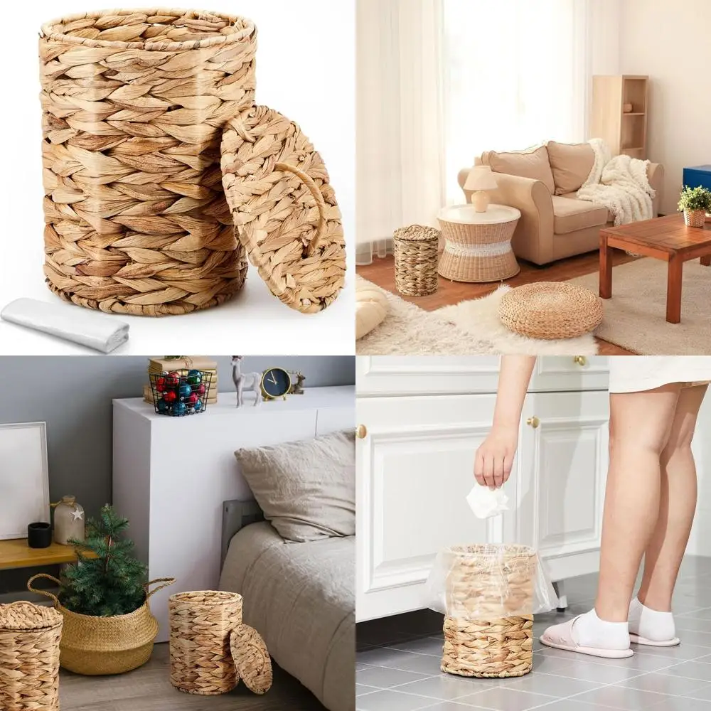 Natural Round Boho Woven Trash Can with Lid and Handle, 1.3 Gallons, 100 Bags Included for Home & Office Use
Natural Round Boho Woven Trash Can with Lid and Handle, 1.3 Gallons, 100 Bags Included for Home & Office Use