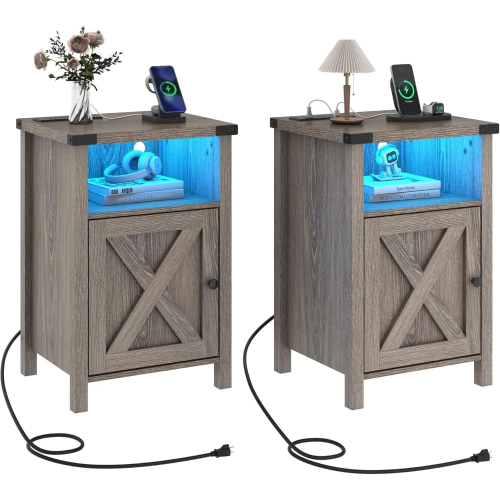 Farmhouse LED Nightstand Set of 2 with Charging Station, Rustic End Table with Barn Door & Storage Shelf, Bedside Table
Farmhouse LED Nightstand Set of 2 with Charging Station, Rustic End Table with Barn Door & Storage Shelf, Bedside Table